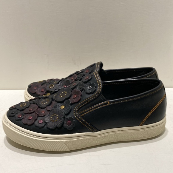 COACH “Tea Rose” Women’s Black Leather Floral Appliquéd Slip-on Sneakers (Sz:6B) - Picture 9 of 12
